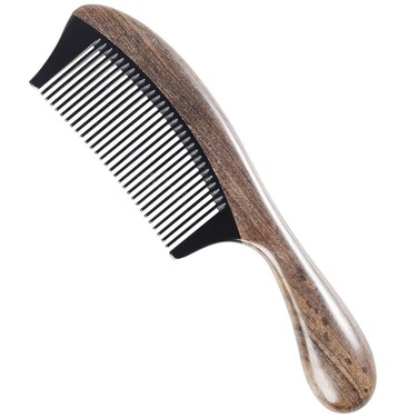 Onedor Handmade 100% Natural Chacate Preto Wood with Buffalo Horn Hair Combs - Anti-Static Sandalwood Scent Natural Hair Detangler Wooden Comb (Round Handle Fine Tooth)