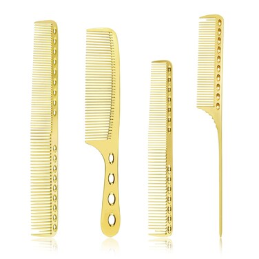 4 Types Metal Comb Professional Aluminum Dressing Comb Set for Barber Hair Styling, Included Fine Cutting Comb, Rat Tail Comb, Detangling Comb, Handle Comb - Rose Gold, Gold, Silver