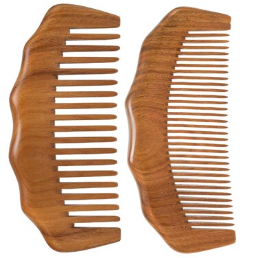 Wooden Comb for Women Hair Growth, Labor Comb 2 Pack, Wide Tooth for Women, Fine Tooth for Men Beard - Sandalwood