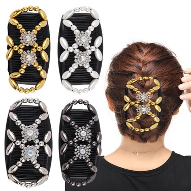 4pcs Magic Hair Side Combs for Women Stretch Double Clips Thick Hair Clip Combs Popular Hairstyles Deft Bun Maker Hair Accessories(Rhinestone Flower)