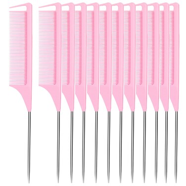 Rat Tail Combs 12 PCS, Parting Combs for Braiding Hair Carbon fiber heat-resistant anti-static,for Sectioning, Parting, Styling Hair (Pink)