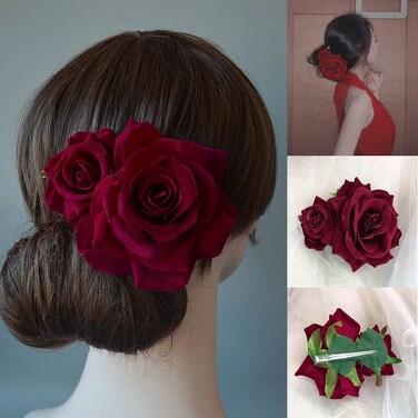 Flower Hair Combs, Rose Flower Bohemia Hairpin Bride Costume Hair Decor for Party Wedding Wine Red