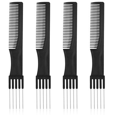 4 Pack Black Metal Prong Teasing Combs with Stainless Steel Back Comb - Styling and Cutting Combs for Curly Hair