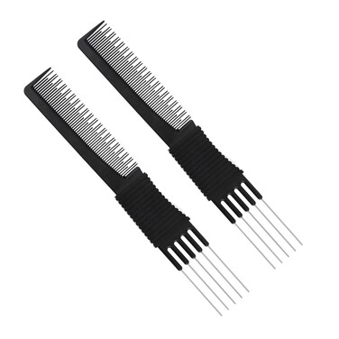 2pcs Black Carbon Lift Teasing Combs, Teasing Combs with Metal Prong Double-Head Hair Pick, Fork Rat Tail Comb Tool for Women Hair Styling Salon for Thick Thin Fine Hair Fluffing and Styling Hair