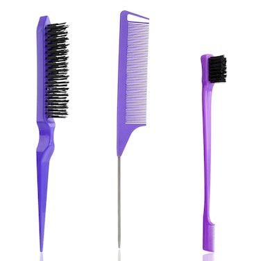 3 Pcs Comb Set Edge Brush Bristle Hair Brush Rat Tail Comb, Hair Styling Tools for Curly Hair, Purple, Women