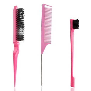 3 Pcs Comb Set - Edge Brush, Rat Tail Comb, Curly Hair Brush, Parting Comb, Slick Back Products for Women &amp; Babies, Hot Pink