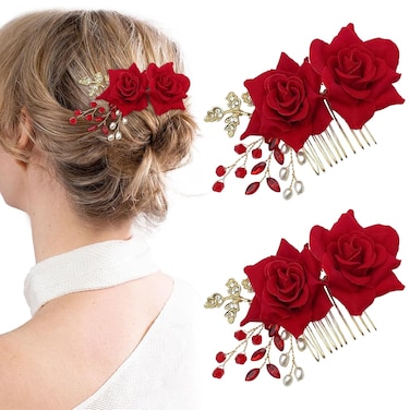 2 Pcs Rose Flower Wedding Hair Comb Crystal Pearl Bridal Headpiece Gold Leaf Red Flower Side Comb Hair Accessories for Women