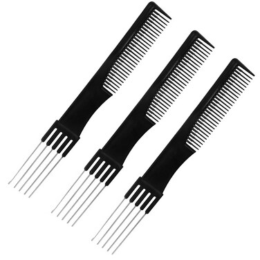 3 Packs Teasing Comb with Metal Pick Combs for Women Hair Pick Comb for Hairstylist (3pcs black)