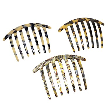 French Amie Curvy 7 Teeth Large 4&rdquo; Celluloid Handmade Set of 3 Good Grip Hair Side Combs for Women and Girls