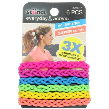 Scunci Everyday and Active Strand Elastics, Assorted Colors, 6-Pcs per Pack, 2-Packs Total