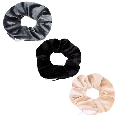 BSEKT Zipper Scrunchies, Pocket Scrunchie, SECRET &amp; HIDDEN, Velvet Hair Ties Bracelet, Compatible with Apple AirPods 2 &amp; 1, Key Money Chapstick Storage Bag, Elastics Hair Band (Grey Black Beige)