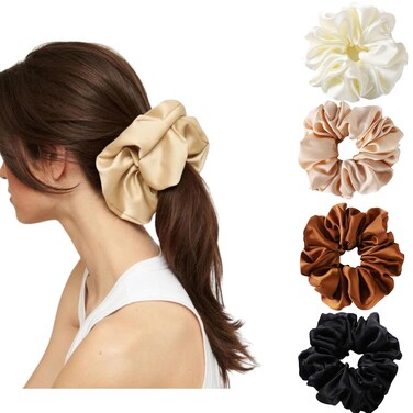 4 Packs Extra Large Scrunchie Satin Silk Hair Scrunchies Soft Big Silk Scrunchies Oversized Scrunchies Thick Elastic Fluffy Hair Ties Ponytail Holder Jumbo Scrunchies for Women and girls