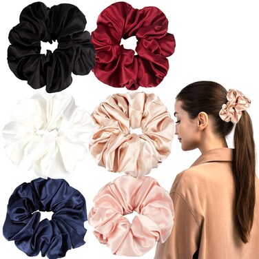 Silk Scrunchies,6Pcs Scrunchies for Women,Silk Hair Ties,Oversized Elastic Hair Ties for Frizz&amp;Breakage Prevention Women Thick Curly Hair. (Red)