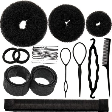 Hair Bun Maker Set with Donut, Marker, Ponytail Tool, Bobby Pins and Elastic Bands for Women and Kids (Black)