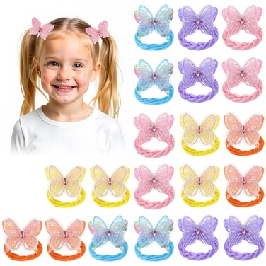 20 Pcs Butterfly Elastic Hair Ties, Colorful Hair Scrunchie with Butterfly Cute Hair Bands Butterflies Accessories Clips Holders with Bows for Women