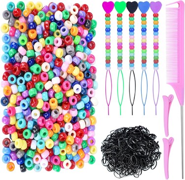 Ningrou 1008 Pcs Hair Beads Kit for Girls and Kids Hair Braids, 500Pcs 9x6mm Pony Beads, 500Pcs Mini Elastic Rubber Bands, 5Pcs Quick Beaders, 1Pcs Rattail Comb and 2Pcs Duckbill Clips