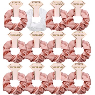 Satin Bridesmaid Scrunchies 12 pack Proposal Gifts Elastics Hair Ties Scrunchies Bachelorette Party Favors Satin Bridesmaid Gift for Bridal Wedding Parties (White &amp; Rose Gold)