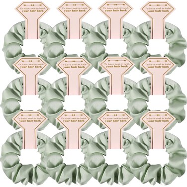 New Smooth linen Satin Bridesmaid Scrunchies 12 pack Proposal Gifts Elastics Hair Ties Scrunchies Bachelorette Party Favors Satin Bridesmaid Gift for Bridal Wedding Parties guests (Sage green)
