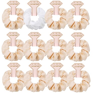 Satin Bridesmaid Scrunchies 12 pack Proposal Gifts Elastics Hair Ties Scrunchies Bachelorette Party Favors Satin Bridesmaid Gift for Bridal Wedding Parties (White &amp; Beige)