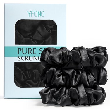 YFONG 3 PCS 100% Silk Scrunchies for Hair Sleep Women Girls, 22 Momme Pure Mulberry Hair Ties for Frizz &amp; Breakage Prevention, Elastic Ponytail Holders Gentle And No hurt (3PCS Black)