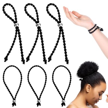 6 Pcs Adjustable Length Hair Ties for Thick Hair Afro Puff Black Women Girls, Silk Soft Ponytail Holder Puff Cuff Natural Hair Ties Loc Headband for Braided Kinky Curly Pineapples No-Slip Design