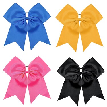 4pcs 8" Large Cheer Bows Elastics Hair Ties Bands Grosgrain Ribbon Ponytail Holder for Cheerleading Team Baseball Softball Tennis Cheerleader Bows Black Pink Blue Yellow