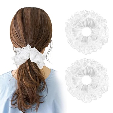 2Pcs White Scrunchies for Women Oversized Scrunchie Double Layer Jumbo Scrunchies Large Lace Scrunchies No Damage Hair Ties Elastic Ponytail Holders Hair Accessories for Curly Hair
