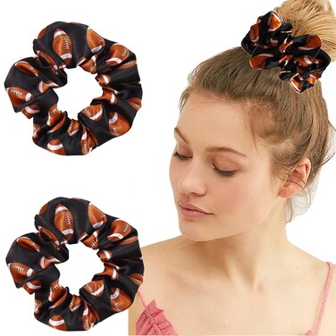 Black Football Scrunchies Sport Elastics Hair Ties Ball Silk Scrunchies Sport Hair Accessories Hair Bands for Women Teens Girls Coach Gift Ponytail Holders Heatless Curls