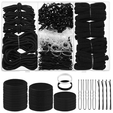 735 Pcs Black Hair Ties Bobby Pins Set, Clear Elastic Hair Ties Clear Hair Elastics Black Elastic Hair Bands No Damage Elastic Hair Ties for Thick Hair Hair Accessories for Woman Girls
