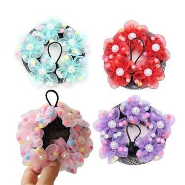 QUUPY Dance Hair Net, 4PCS Bright Color Girls Ballet Bun Covers Mesh String Bobbles Elastic Band Hair Nets Accessories for Dancers Skating Gymnastics Performance