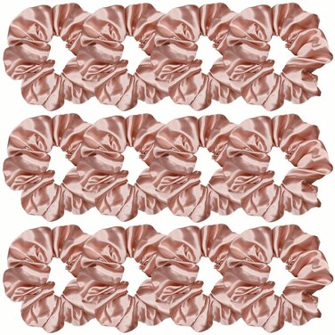 12 Pcs Satin Silk Scrunchies, Soft Hair Ties, Fashion Bands, Bows, Ropes, Elastic Bracelets, Ponytail Holders for Women and Girls (4.5 Inch, Rose Gold)