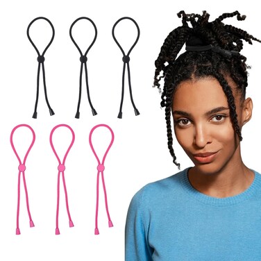 6 Pcs Long Adjustable Hair Ties for Thick, Afro Puff Ponytail Ties for Natural Curly Hair, High Puff and Updos (Black, Pink)