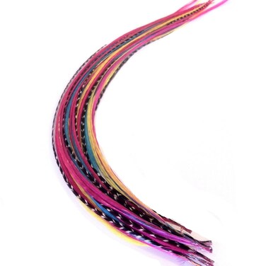 Feather Hair Extension &ndash; Yellow, Pink, Aquamarine &amp; Grizzly, Five Genuine Rooster Feathers Bonded at the Tip, Ranging from 8 to 12 Inches, One Extension
