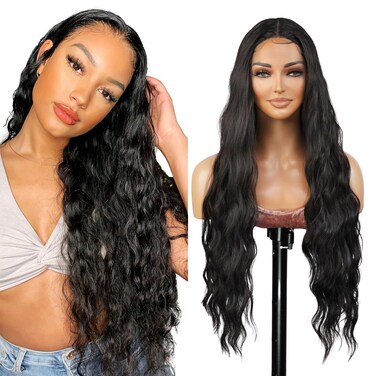 Loose Deep Wave 30 Inch Soft Swiss Lace Front Wig for Black Women Middle Part Curly Long Wavy Heat Resistant Synthetic Wigs DPL003 (30 Inch, 1B-Off Black)