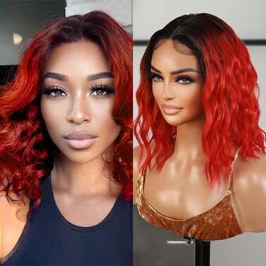 Loose Deep Wave Layered Bob Wig for Black Women 12 Inch Middle Part Swiss Lace Front Curly Wavy Heat Resistant Synthetic Wigs DPL006 (12 Inch, OTRED)