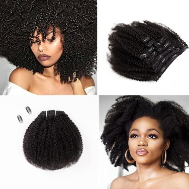 SAGA QUEEN Brazilian Afro Kinky Curly Clip In Hair Extensions 8pcs 18clips 120g/pck Brazilian Virgin Human Hair 4B 4C Afro Curly Clip Ins (1 bundle 14inch, natural black)