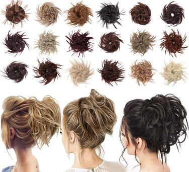 Tousled Updo Messy Bun Hair Piece Scrunchies Synthetic Wavy Extension Ponytail with Elastic Rubber Band Hairpiece Updo Extensions Scrunchies Wavy Hair and Ponytail Chignon Instant Ponytail for Women