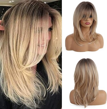 Esmee Synthetic Wigs Long Straight Layered Hairstyle Ombre Black Blonde Gray Ash Full Wigs with Bangs for white Women