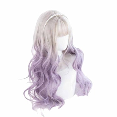 Gray Gradient Purple Long Curly Japanese Synthetic Hair Cute Anime Halloween Carnival Comic Exhibition Cosplay Hair Natural COS Ombre Wigs with Bangs