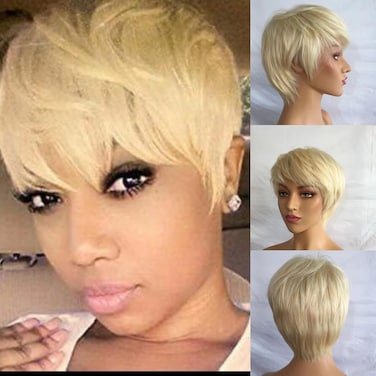 613 Pixie Cut Human hair Wig None Lace Blonde Machine Made Wig Short Straight Glueless Hair Replacement Wig Women