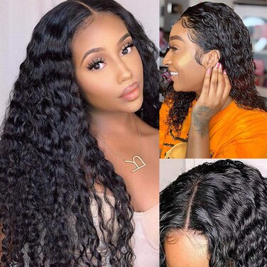 Miss GAGA Glueless Deep Wave Lace Frontal Wigs Human Hair 9A Brazilian Virgin Hair Water Wave Front Lace Wigs With Baby Hair Lace Frontal Wig Human Hair Curly Wave Wigs for Black Women 26Inch