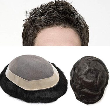 Toupee for Men Hair System Replacement Monofilament Mens Toupee Hairpiece Durable Poly Coated NPU Around Wig for Men Human Hair Piece Unit 120% Density 7"X10" #1B Off Black