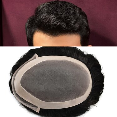 Toupee for Men Welded Mono Lace Front Natural Hairline Black Human Hair Replacement System Fine Mono Poly Mens Wigs Hairpieces (8"6", 1B# Off/Natural Black - 120% Light to Medium Density)