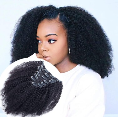 Kabadu Brazilian Human Hair Afro Kinky Curly Clip In For Black Women Hair Extension 8pcs 120g/set Brazilian Virgin Human Hair Clip Ins for African American Natural Black Color 16inch