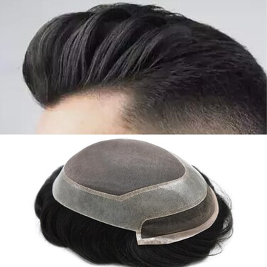 Men Toupee Human Hair Pieces for Men Durable Fine Monofilament Hair Replacement System Hair Toupee for Men Hairpiece Natural Looking Mens Hair Prosthesis 8x10 1B# OFF BLACK 120% density