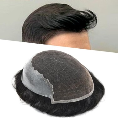 Hair Toupee for Men Hair Pieces Swiss Lace Hair System for Men Toupee Human Hair Mens Toupee Hair Replacement Systems Breathable Mens Hairpiece Bleached Knot Natural Hairline 1B# OFF BLACK 7x9