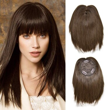 100% Real Human Hair Clip In Bangs Top Piece Hair Extensions 13" Straight Hair Topper Hairpiece for Women (1B# Natural Black)