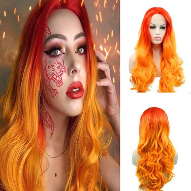 Sylvia 24" Orange Ombre Lace Front Wigs Red Roots Soft Body Wave Synthetic Wigs Free Parting Half Hand Tied No Tangle Heat Resistant Drag Queen Orange Tips Hair Replacement Wig for Woman