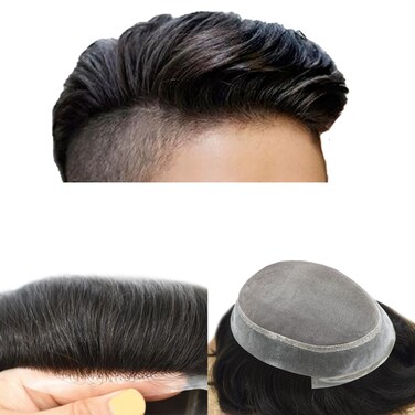 Mens Toupee Wigs Hair System for Men Human Hair Piece Replacement Fine Mono Mens Hair Unit Hairpiece Poly Skin PU Around Monofilament Toupee for Men (7''X10'', #1B Off Black)