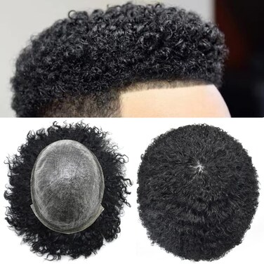 Weave Hair Unit Black Men Curly Wave Afro Toupee African American Men Wig Brazilian Hair Skin PU Hairpieces (1B# Natural Black ，6MM Afro Wave)